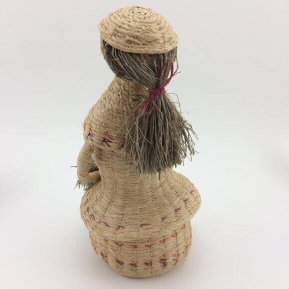 Handmade Woven Basket Woman Lady with Long Hair Figure Dress Folk Art 9" - Picture 5 of 16